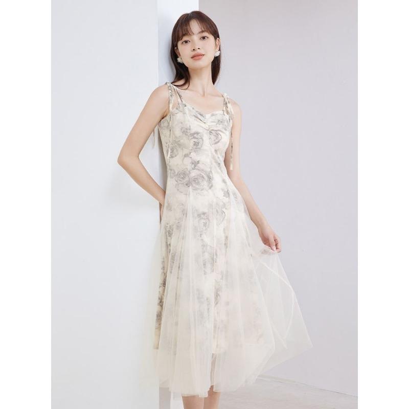 Splendido Abito Estivo, Design a Bretelle e Rete Moda Chinoiserie Abito da Fata alla Moda