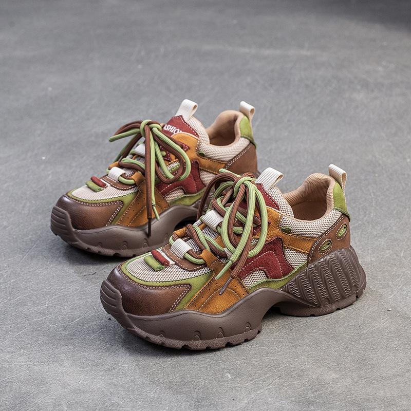 Johnature Casual Genuine Leather Splicing Mesh Mixed Colors Lace Up Fashionable Comfortable Versatile Women's Shoes