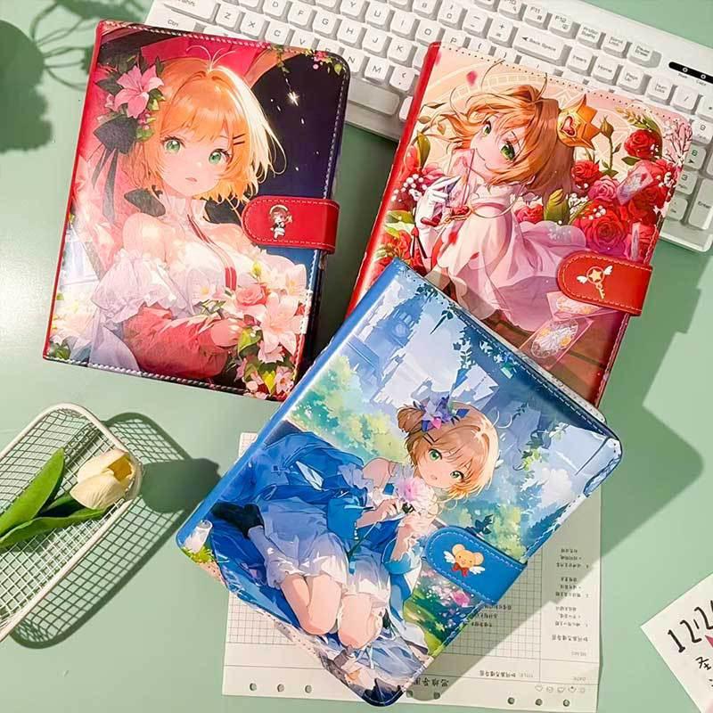 A5 Sakura PU Leather Loose-Leaf Planner with Detachable Pages and 4-Grid Card Holder Notebook