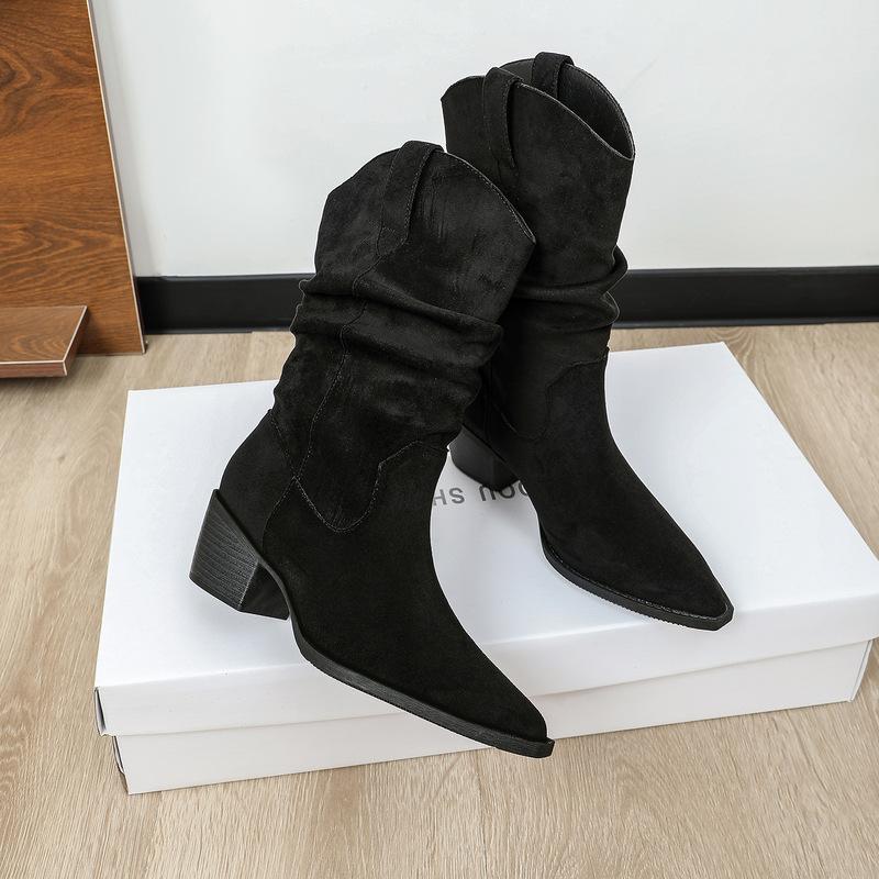 

Замшеві короткі чоботи Delamy з гострим носком, вільним кроєм та масивними підборами, Челсі на середньому підборі 39 чорний