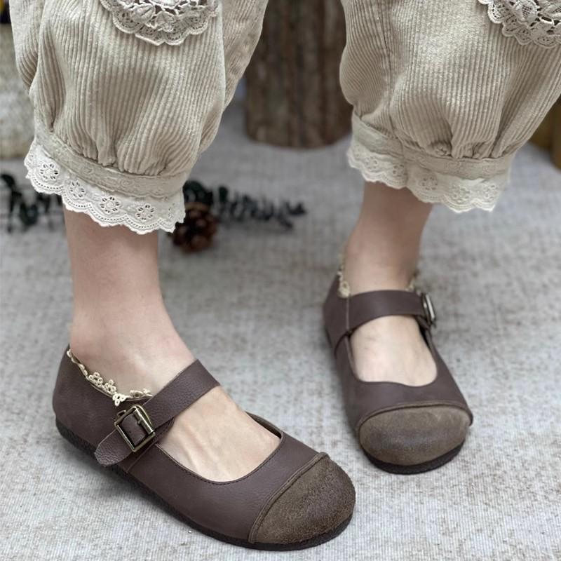 Handmade Genuine Leather Women's Shoes Spring Autumn New Soft Sole Flat Bottom Comfortable Retro Mom Shoes Shallow Mouth