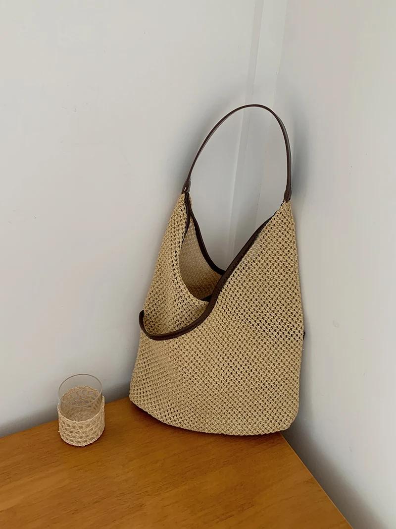 

Female Straw Tote Shoulder Bags Summer Vacati Bucket Bag Seaside Knitted Handbags Fashi Design Women s Woven Commuter Bag колір темно кави