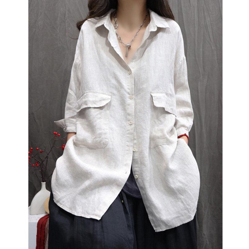 

2025 Autumn Retro Distressed Linen Oversized Shirt with Big Pocket L