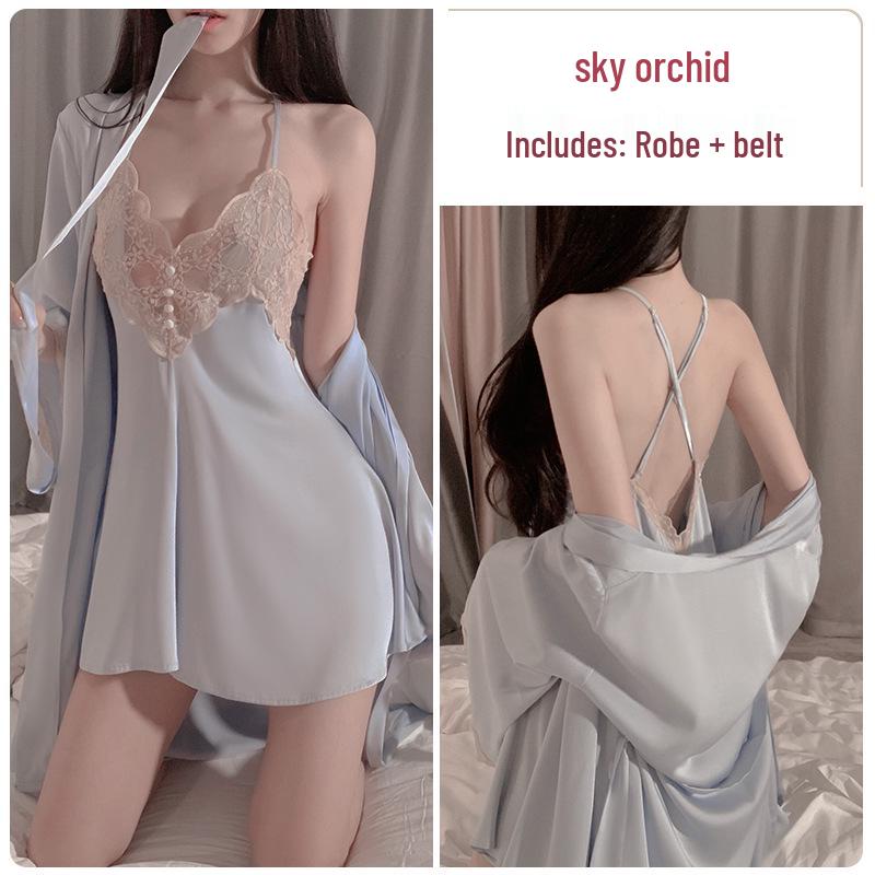 Elegant Spring/Summer Lace Pajama Set: Backless Camisole Nightgown & Cardigan
