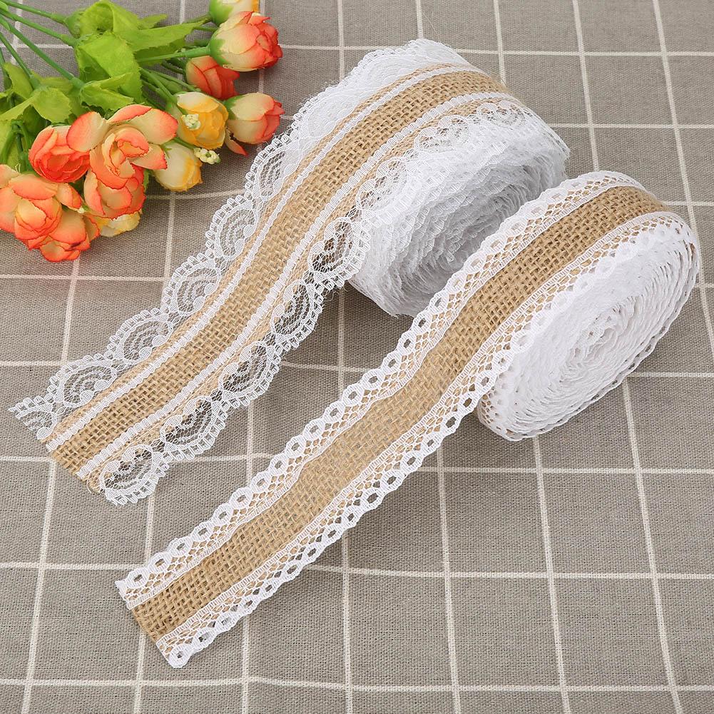 2pcs 5MRoll Burlap Rolls with Lace Hessian Jute Ribbon for Wedding Decoration Craft