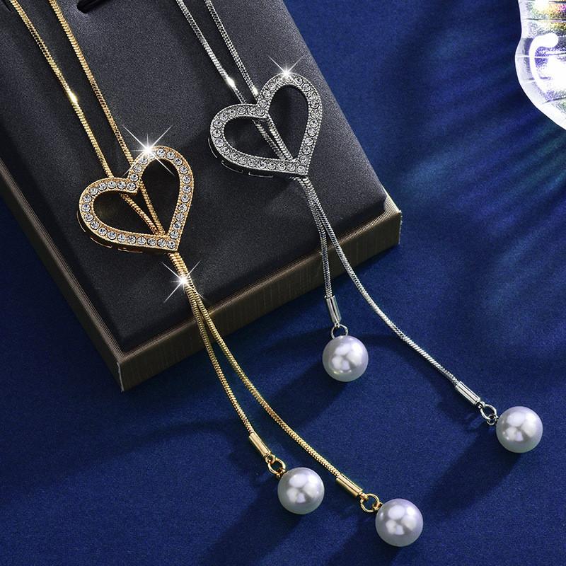 Love Heart Pearl Tassel Long Necklace With Crystals For Women Autumn Winter Fashion Accessory