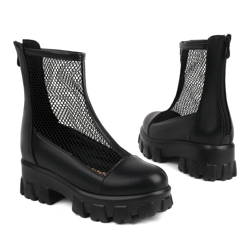 Women Ankle Boots Platform Chunky Heels Ladies Mesh Net Short Boots