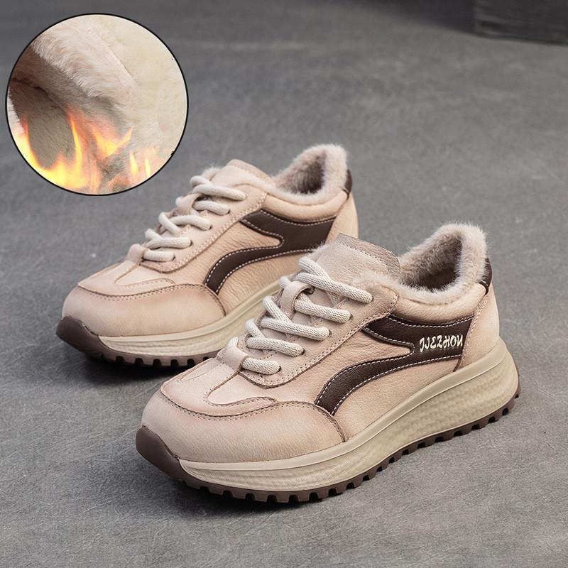 Johnature Genuine Leather Sneakers Plush Warm Cotton Shoes Retro Versatile Casual Women's Shoes