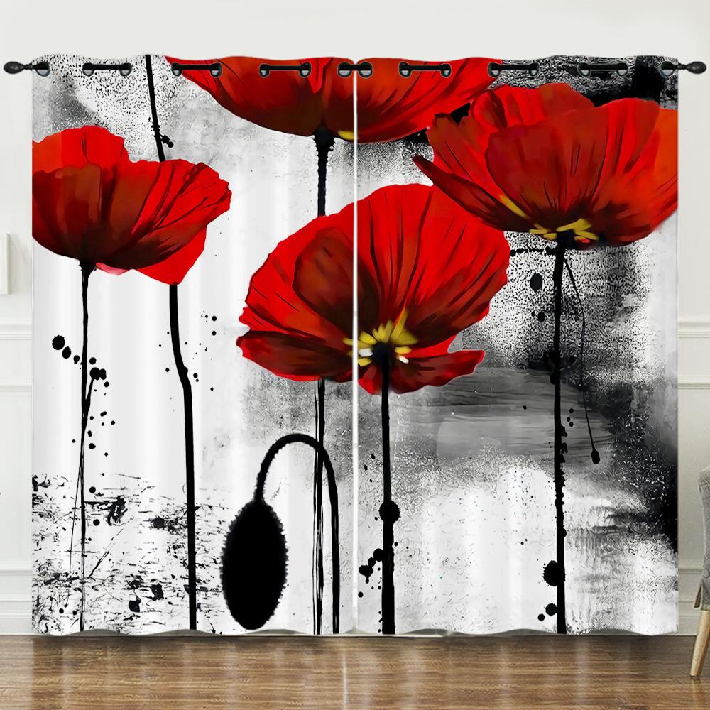 Curtains Flowers Roses Plants Flowers 3D Digital Printing Blackout Curtain Punching