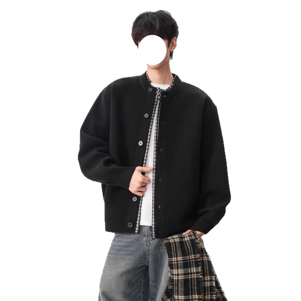 Men's Retro Patchwork Knit Cardigan - Autumn/Winter Trendy Loose Fit, Casual Button-Up Two-Piece Sweater.