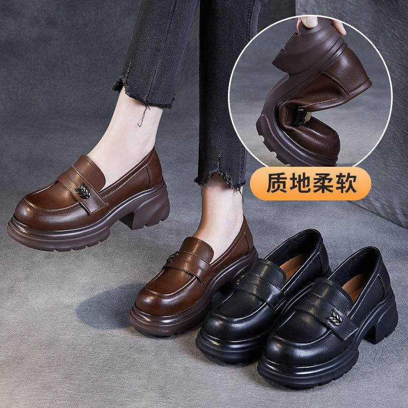 Versatile British platform loafers leather heightening solid color one-pedal small leather shoes Velcro jk single shoes