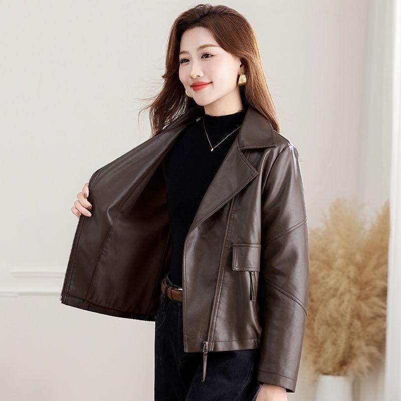 Women Pu Leather Jacket Notched Collar Slim Fit Casual Outerwear