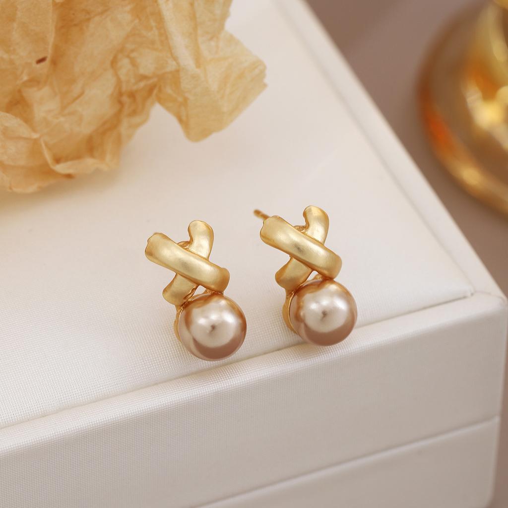 French Retro Cross Champagne Pearl Earrings, Medieval Light Luxury High-End Celebrity Earrings For Women