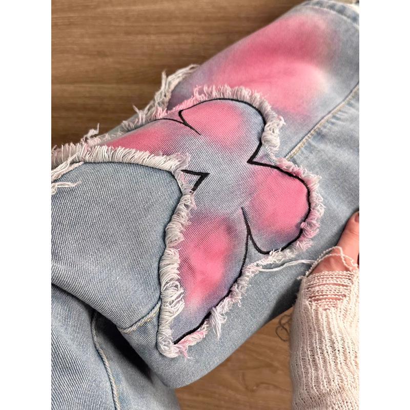 Women's Plus Size Retro High-Waist Loose Fit Butterfly Patchwork Wide-Leg Jeans