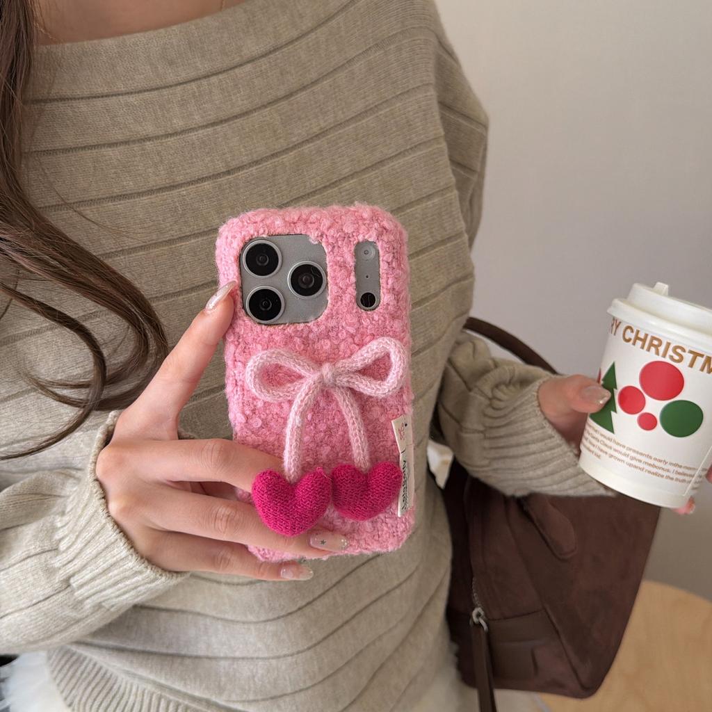 Ins plush love bow for iPhone17 mobile phone case Apple 16promax fashion 15/14/13