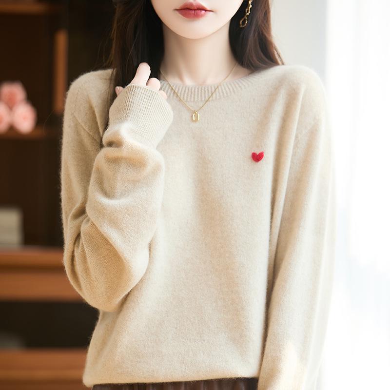 Heart Embroidery Pure Wool Round Neck Pullover Sweater - Autumn/Winter Collection