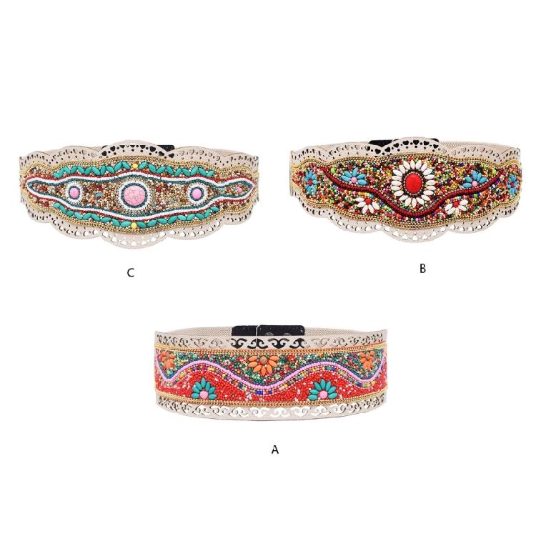 Ethnic Beaded Waist Cincher Stretch Waistband Bohemian Belt Body Girdle Feature Floral Accent for Women's Clothing