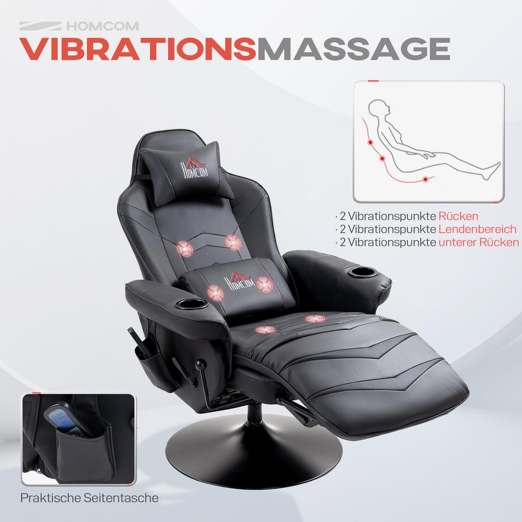 Chaise de Gaming, Fonction Massage, Dossier Inclinable, Repose-pieds, jusqu'à 120 kg, Cadre en Acier, Similicuir, Noir