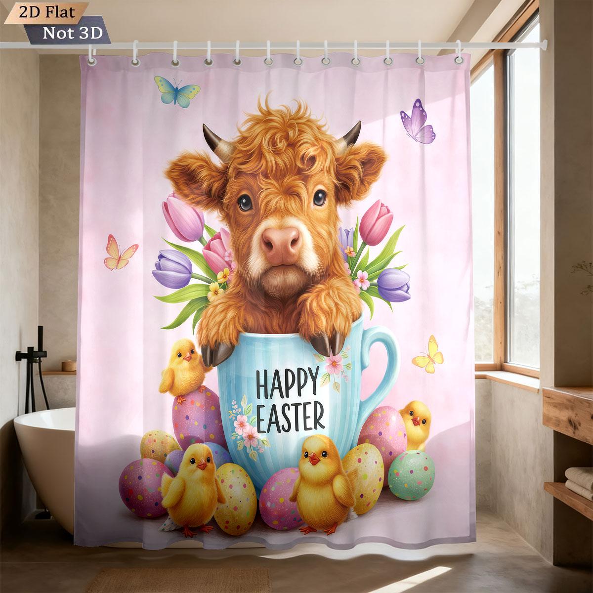 

1Pc Easter Highland Cow Print Waterproof Shower Curtain Partition Privacy Hanging Curtain 12 Hooks Various Sizes W60H190(CM)-1 Pcs