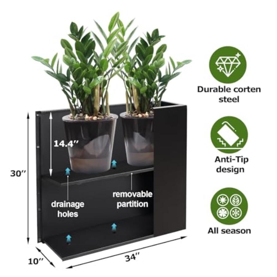 Outdoor Large Rectangular Metal Planter Box 30 H x 34 W x 10 D Long Black Flower Pot with Drainage Holes for Patio Garden Plant