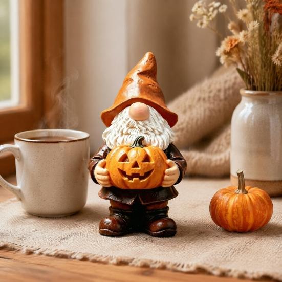 Weather Resistant Gnome Decor Halloween Garden Statue, Faceless Holding Pumpkin Sculpture, Waterproof Lawn Statue Resin for Porch Yard Autumn