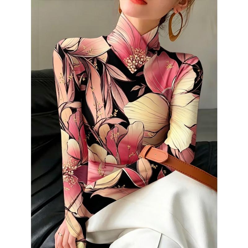 Lady's Sexy High-neck Long-sleeved T-shirt, Soft Texture for Autumn and Winter Tops, Machine Washable