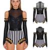 Adult Circus Ringmaster Bodysuit Sequined Patchwork Ruffled Hem Leotard and Metallic Gloves for Halloween Dress Up Party