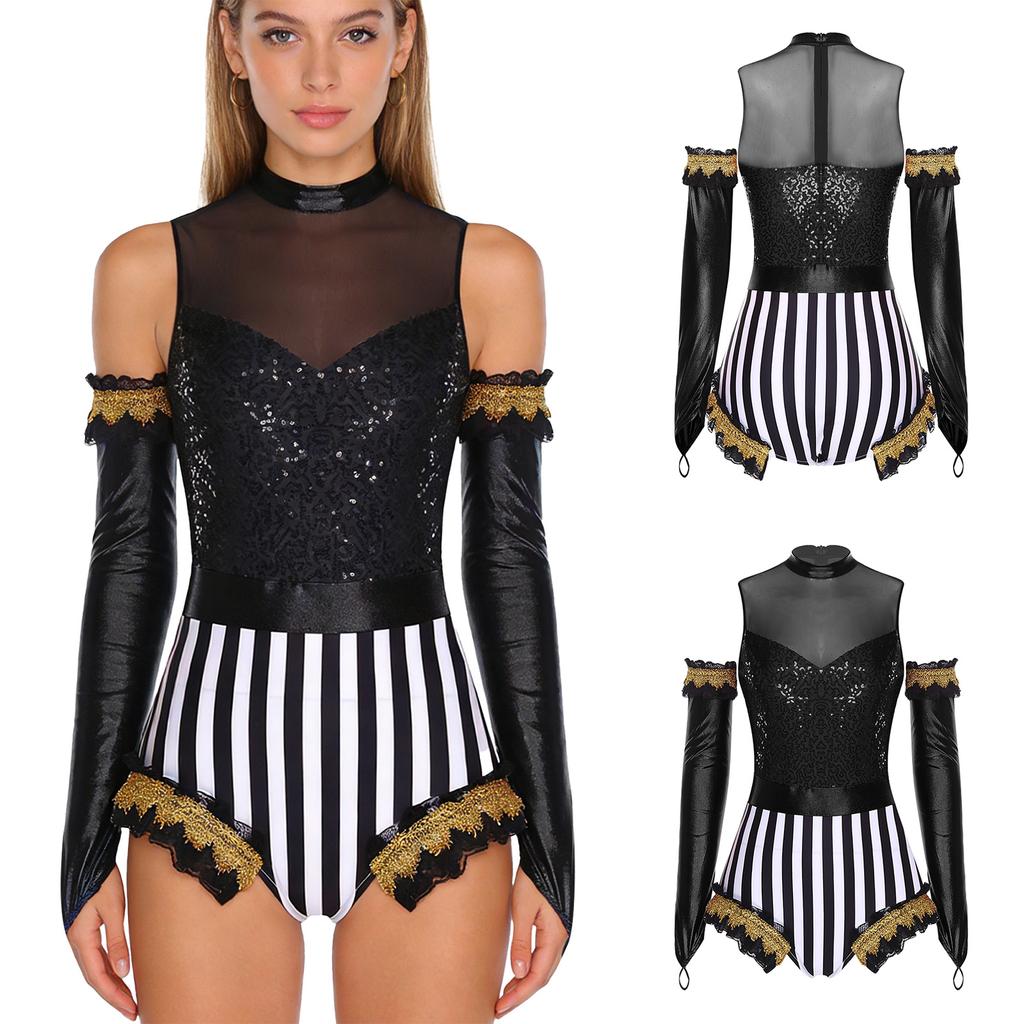 Adult Circus Ringmaster Bodysuit Sequined Patchwork Ruffled Hem Leotard and Metallic Gloves for Halloween Dress Up Party