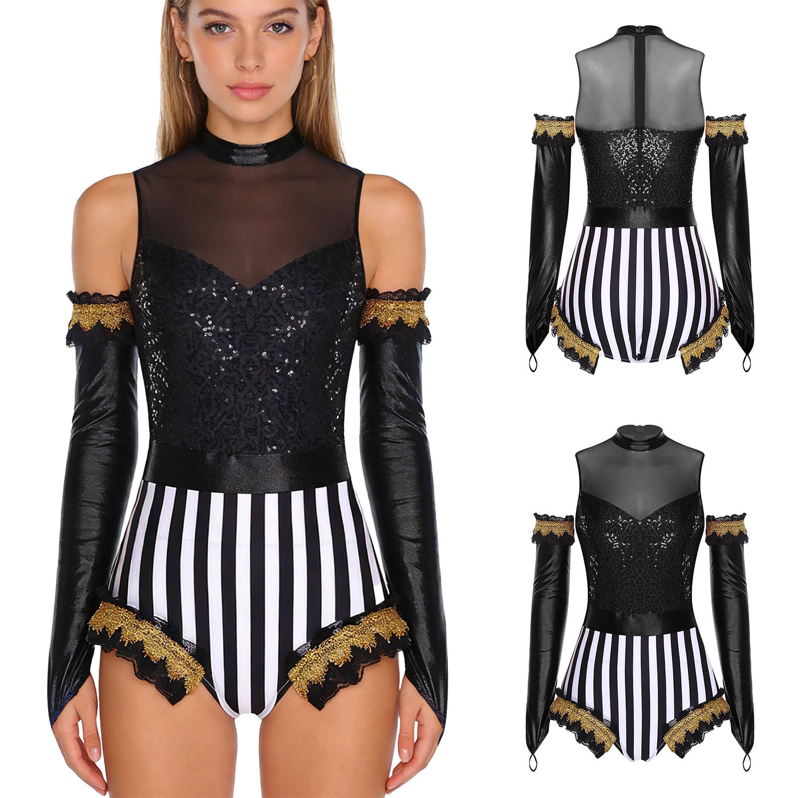 

Women s Circus Ringmaster Bodysuit Sequined Striped Patchwork Ruffled Trim Leotard with Metallic Shiny Gloves for Halloween Cosplay S чорний
