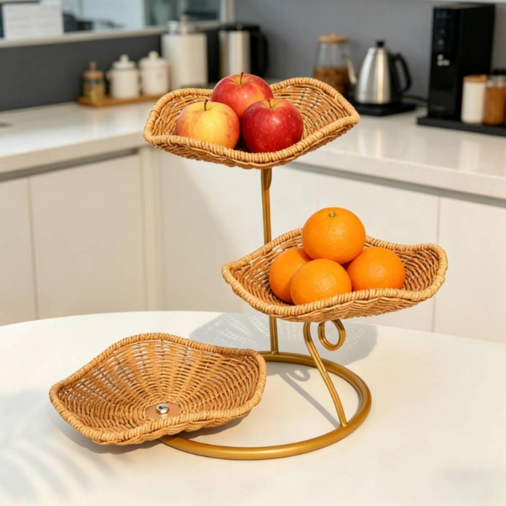 Tiered Fruit Basket Faux Rattan ThreeTier Stand Woven Look 3 Tier Bowl for Kitchen