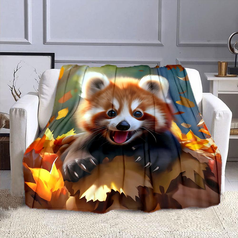 Adorable Red Panda with Autumn Leaves Patterned flannel blanket perfect for the bedroom living room, sofa, or a little nap