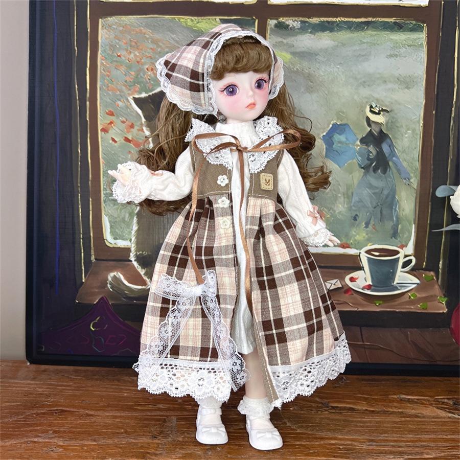 Vintage Brown Corduroy Plaid Skirt 6 Points BJD Doll Cottagecore Style Clothes Set 30cm Dolls Outfit Change Dress Up Accessories