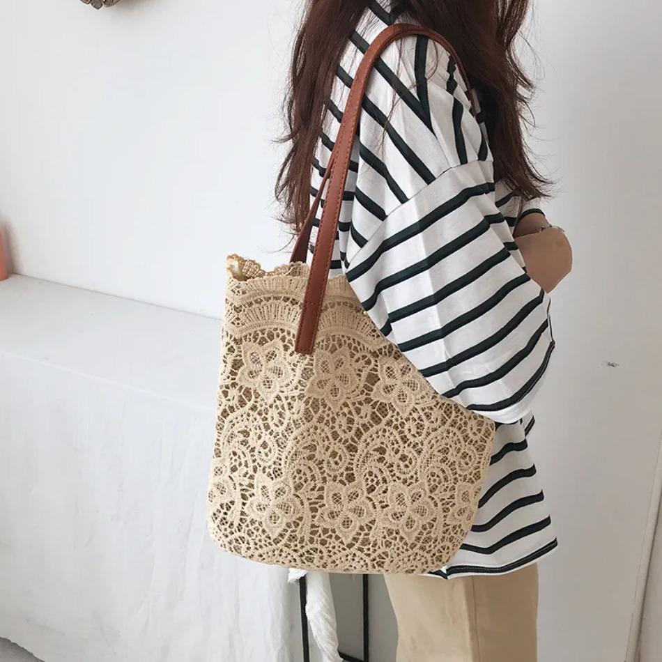 Lace Bag Women's Inns Sen Style Beautiful Small Fresh Shopping One Shoulder Handbag Embroidered Flower Hollow Tote