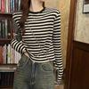 Damen Gestreift Langarm Lässig Locker Pullover Basis T-Shirt