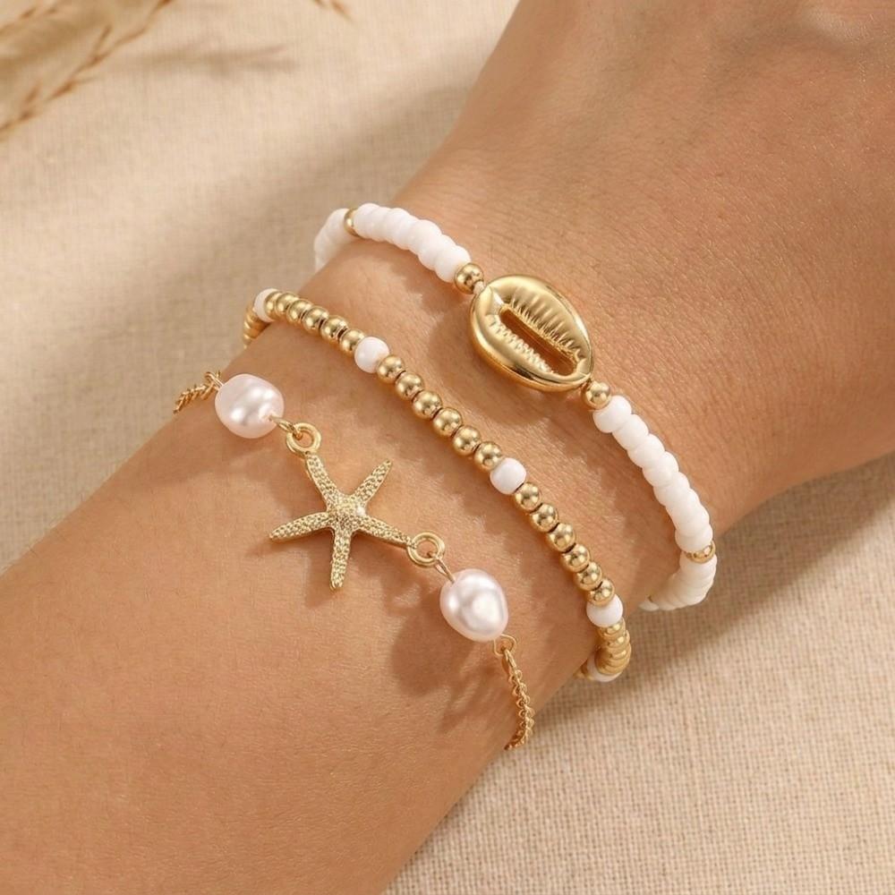 3Pcs Stretch Beaded Bracelet Set Pearl Multiple Layers Bracelet Fashion Shell Bracelet Set Party