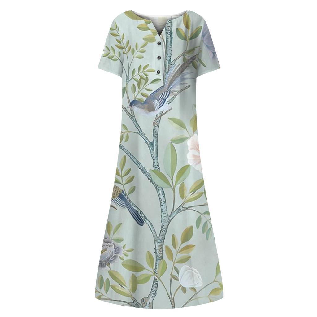 Women's Summer Casual Printing Fashion V-neck Short Sleeved Beach Swing Skirt
