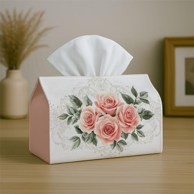 1pc Romantic Botanical Classic Tissue Box - Rose Floral Bouquet, Office, Parties, Car for Living Room, Kitchen, Events - Decorative Desk Decor, Home O