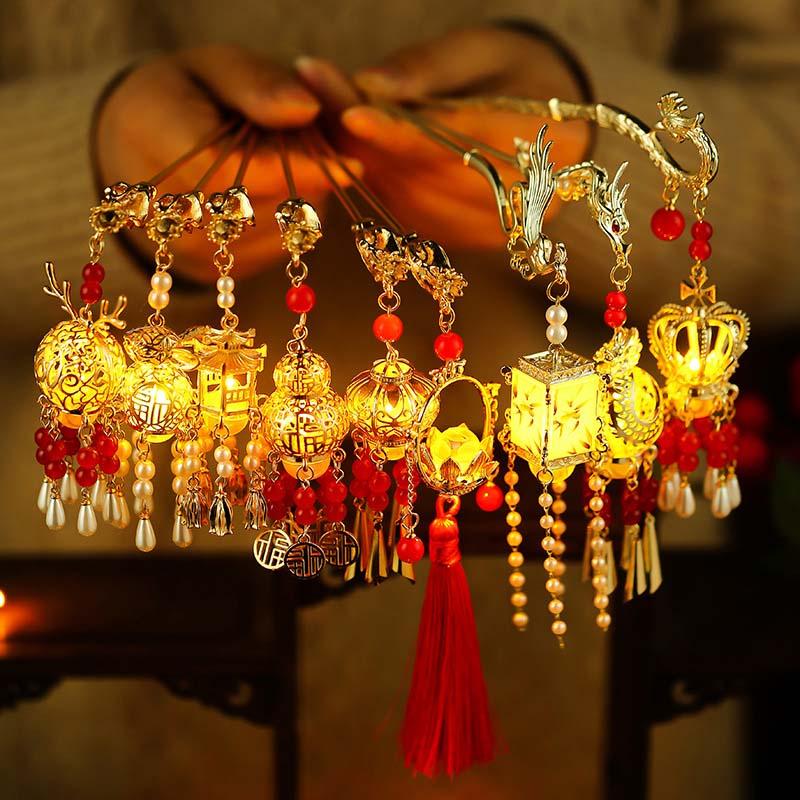 Chinese Rabbit Lantern Hair Pin Clips Hair Sticks LED Light Hair Accessories for Women Kids Retro Lotus Flower Tassel Headpieces