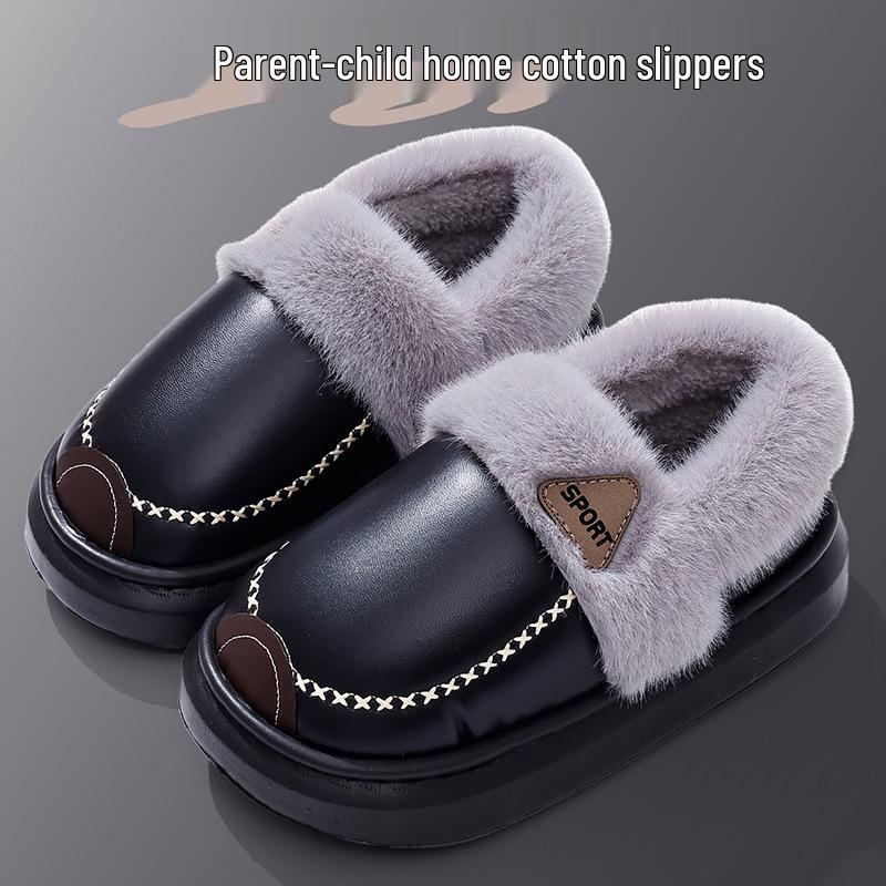 Warme rutschfeste Baumwoll-Hausschuhe für Kinder und Erwachsene mit PU-Leder, weicher Sohle und Plüschfutter für Zuhause.