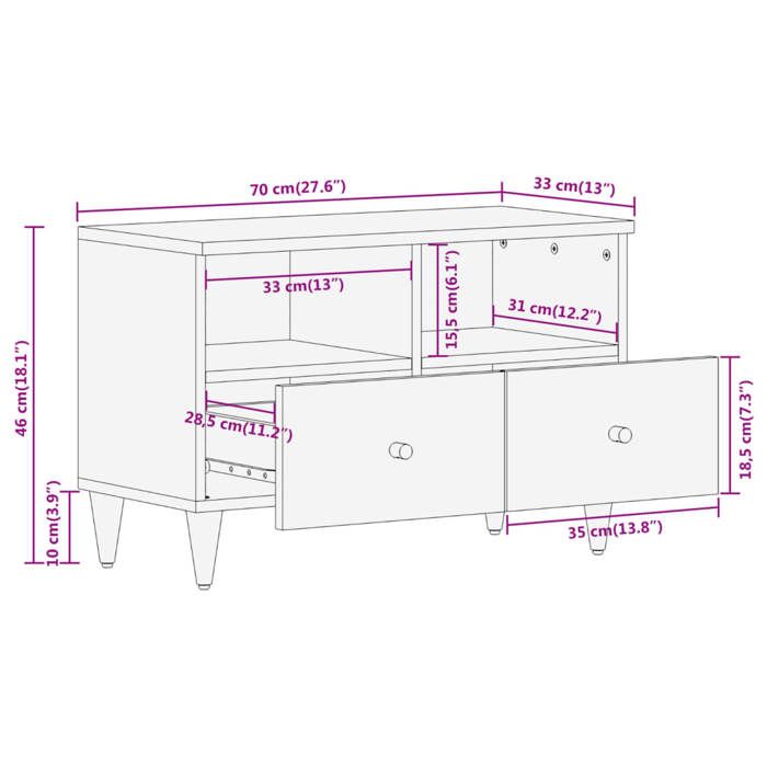 VidaXL Meuble TV 70x33x46 cm Bois massif de manguier, support tv, armoire média, armoire hifi, unité tv, meuble multimédia, 358249