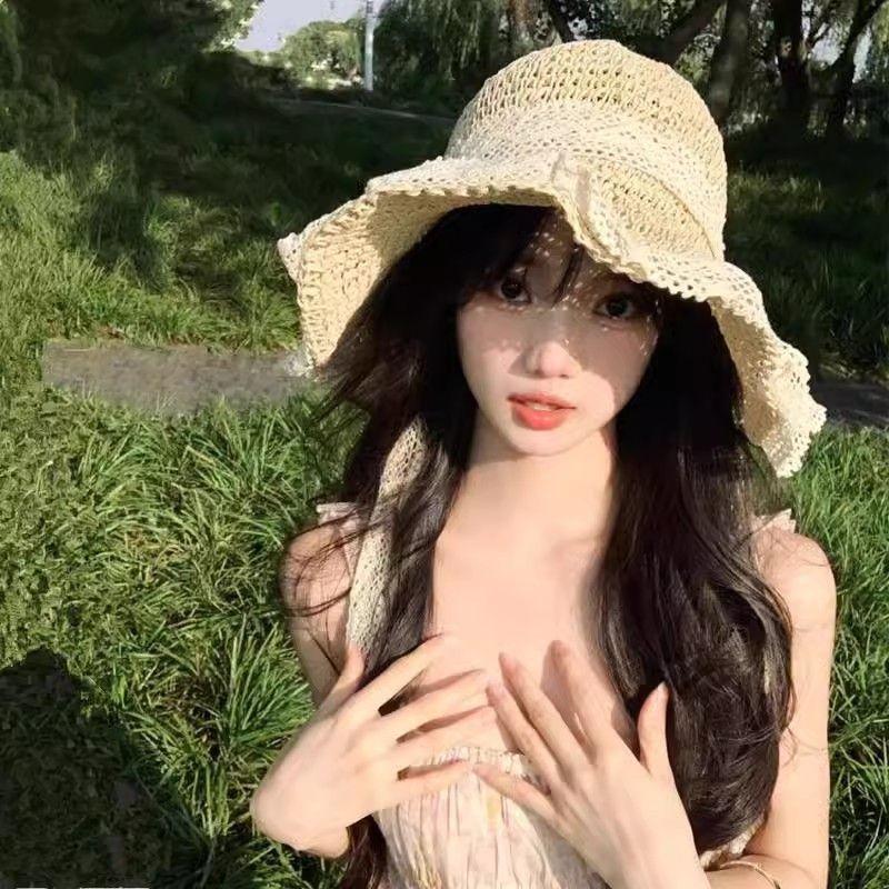 Pălărie de paie pentru femei, pălărie de vară pentru ieșire, protecție solară, plajă, pălărie de soare cu margine din dantelă