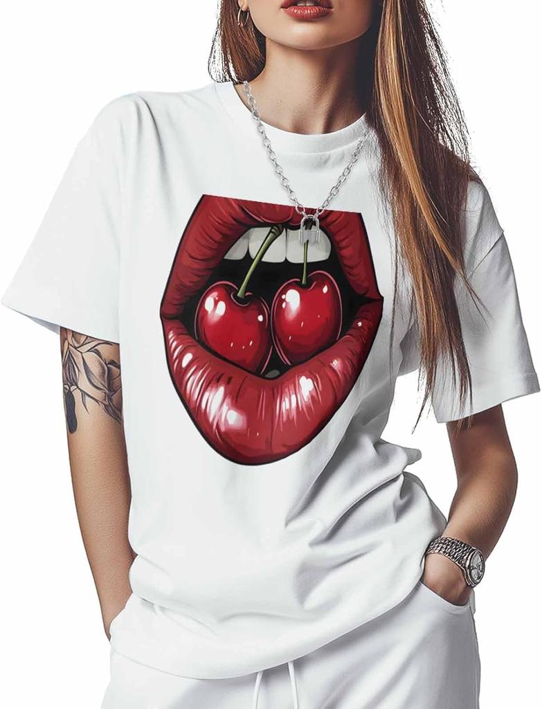 T Shirts for Women Graphic Tees Cherry Mouth Crew Neck Short Sleeve Shirts for Women Red Casual T-Shirt