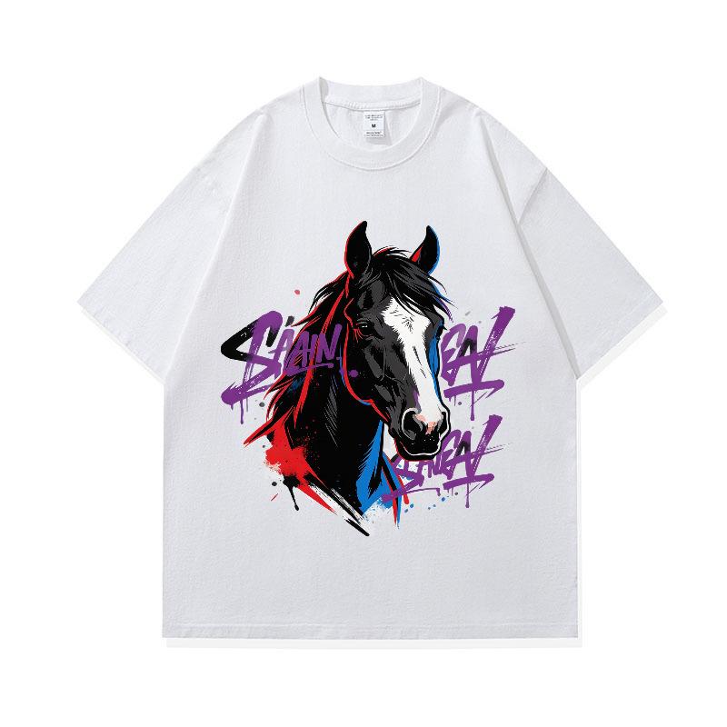 Digital Printing American Retro Horse Pattern Loose Short-Sleeved T-Shirt Digital Direct Injection Printing Custom