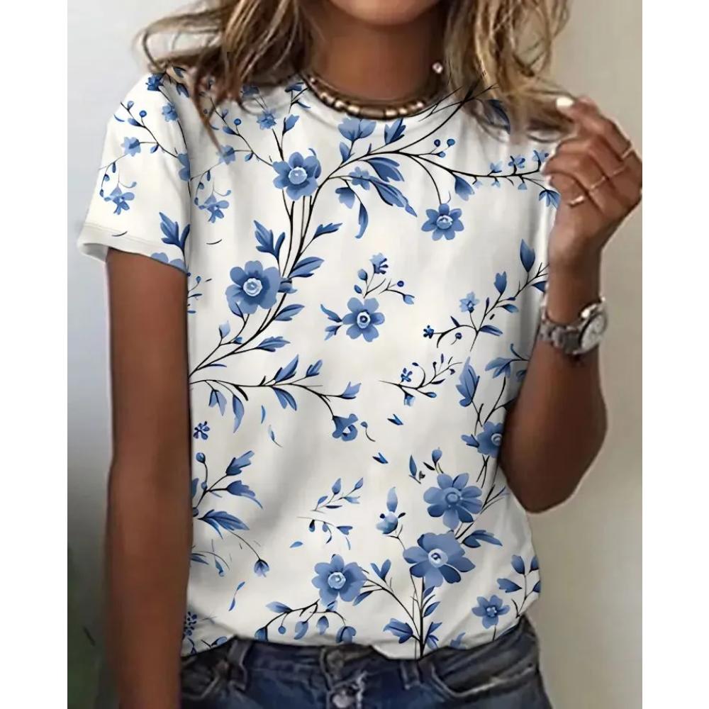 Comfortable Simple Women's Flower Printed Top Casual Breathable Short Sleeve Fashionable Versatile T-Shirts Women’s