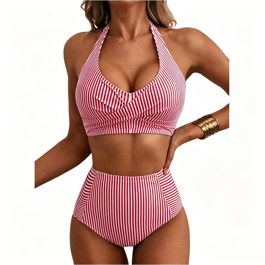 Women Neck High Waist Bikini Set Two Piece Swimsuit with Vertical Stripe Print and Ruched Top Design for Beachwear