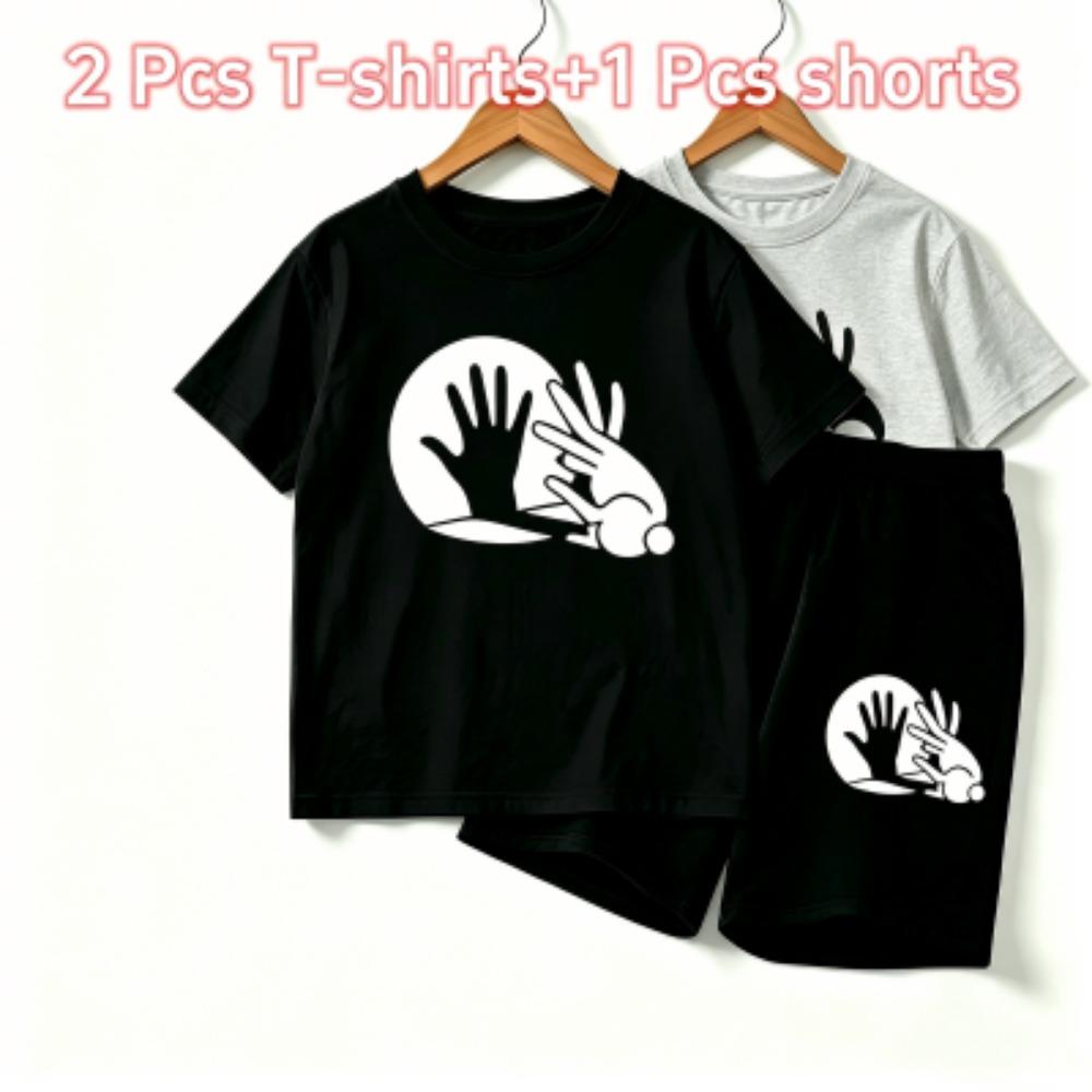 Rabbit Shadow Print Outdoor Street Kids T-shirt and Shorts Summer Home Casual Outfit Boy and Girl's Sports Set