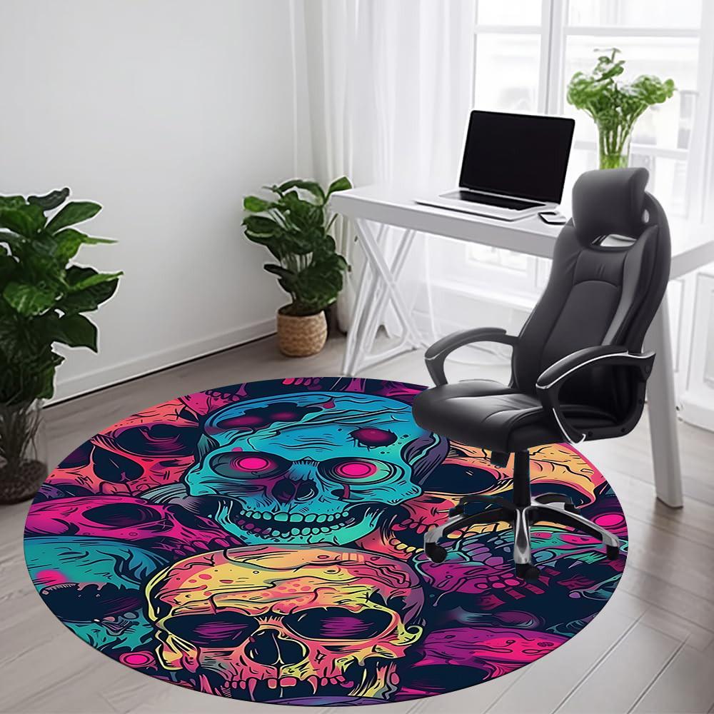 1PC Skull Vibrant Office Round Area Rug, Mat Suitable For Office, Under Office Chairs Bedroom Living Room Home Decor, Room Deco