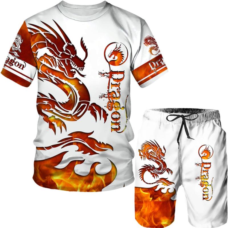 Men's T-shirt and Shorts, 3D-Printed Vintage Dragon Print Streetwear, High Quality Two-Piece Summer Set
