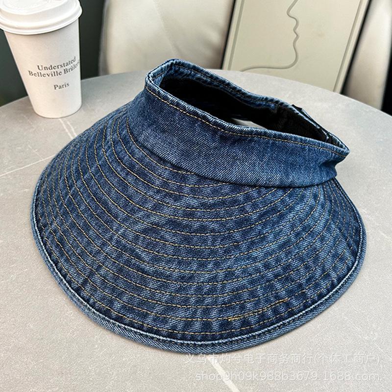 Retro simple washed denim empty top hat, large brim, sun protection, small face, versatile fisherman hat tide
