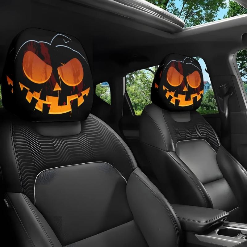 Cartoon Eye Car Seat Headrest Protectors Funny Evil Pumpkins Design Breathable Polyester Fabric Universal Size for Auto